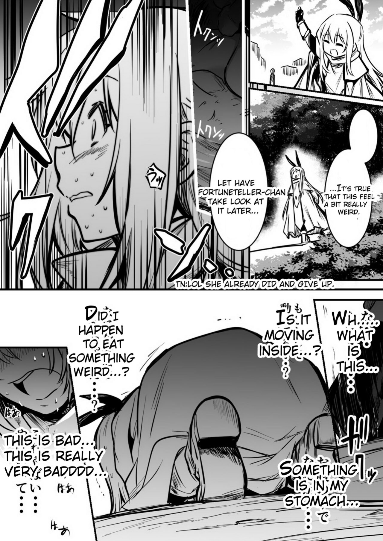 [Lefthand] Furtuneteller-chan who worry about Adventure-chan's unusual symptom and take a look at it and Adventure-chan who unknowingly got knock up and give birth to demi-human child in distant land[CT]