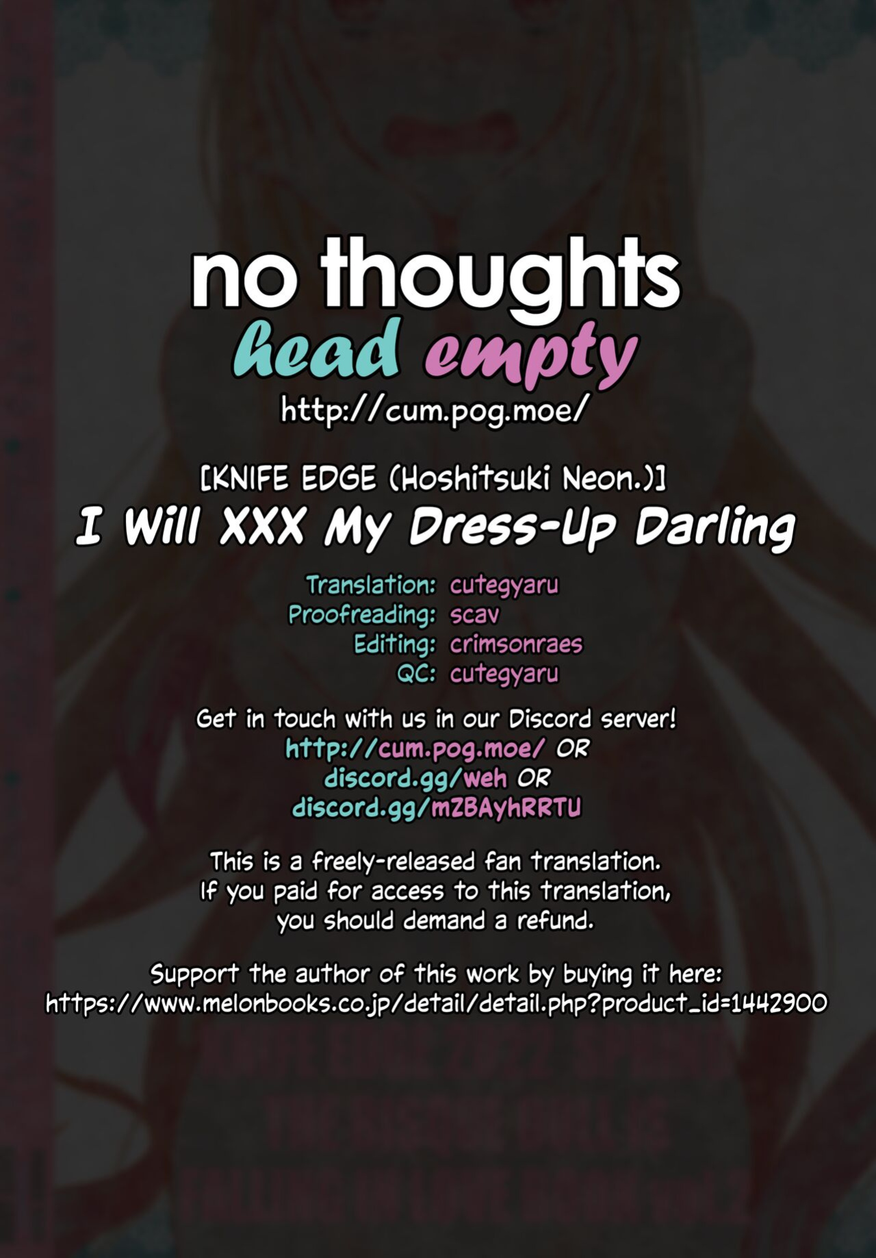 (COMIC1☆20) [KNIFE EDGE (Hoshitsuki Neon.)] Kono Bisque Doll ga xx o Suru | I Will XXX my Dress-Up Darling (Sono Bisque Doll wa Koi o Suru) [head empty]