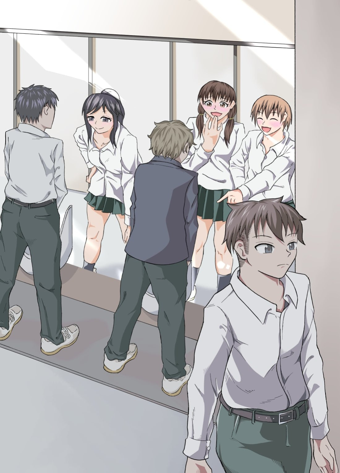 Peeking girls at boy's restroom