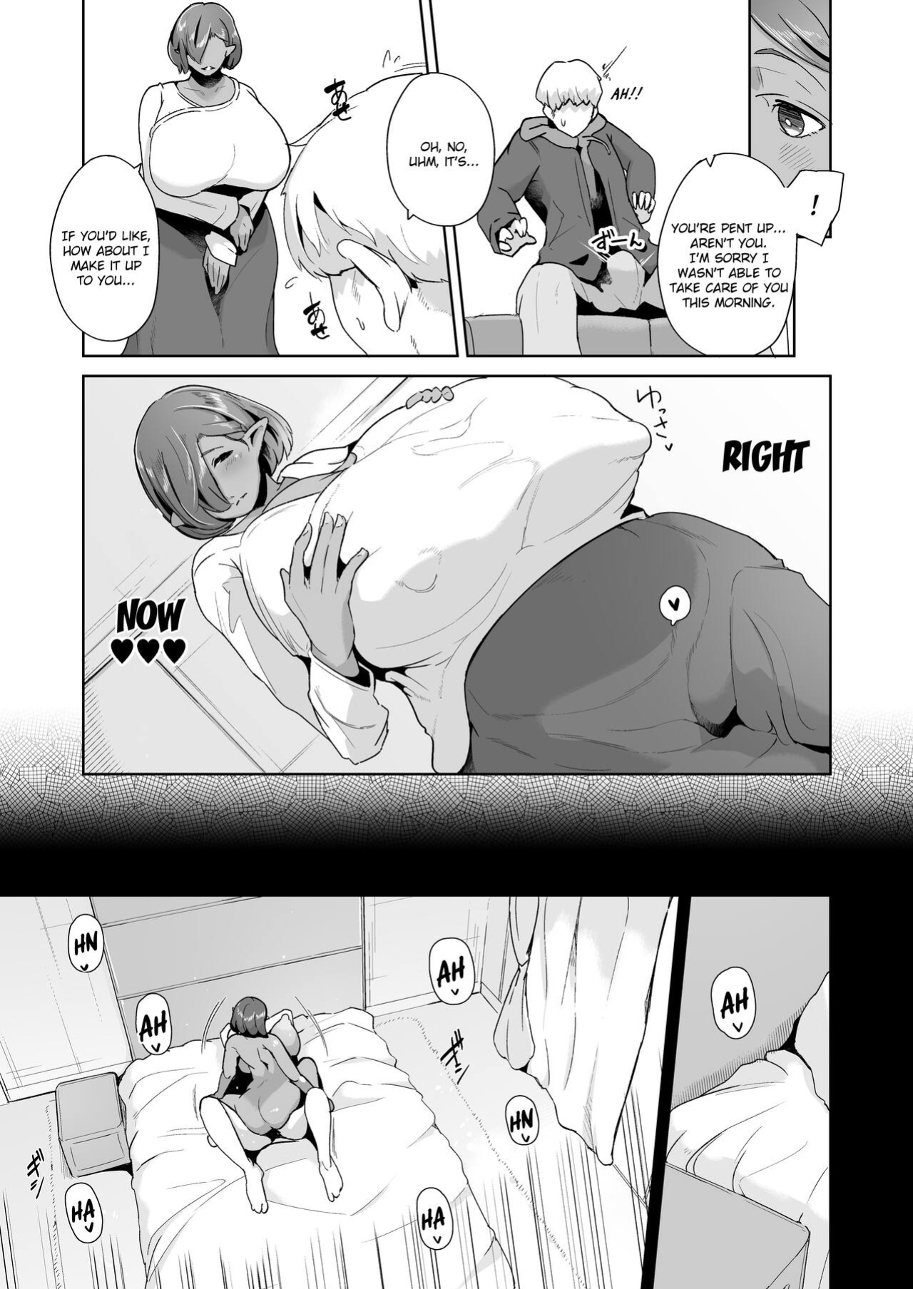 [Noumusai (Miyashiro Yousuke)] Mucchiri Dekachichi Dark Elf no Oba-san to Icha Love Fudeoroshi Seikatsu | Lovey-dovey Devirginization Life with a Big Titty Middle Aged Dark Elf Woman [Hairy Version]