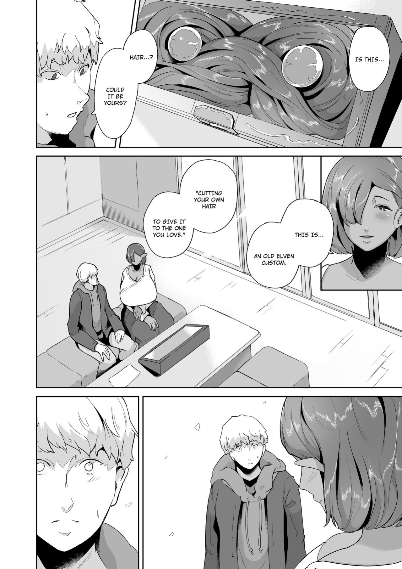 [Noumusai (Miyashiro Yousuke)] Mucchiri Dekachichi Dark Elf no Oba-san to Icha Love Fudeoroshi Seikatsu | Lovey-dovey Devirginization Life with a Big Titty Middle Aged Dark Elf Woman [Hairy Version]