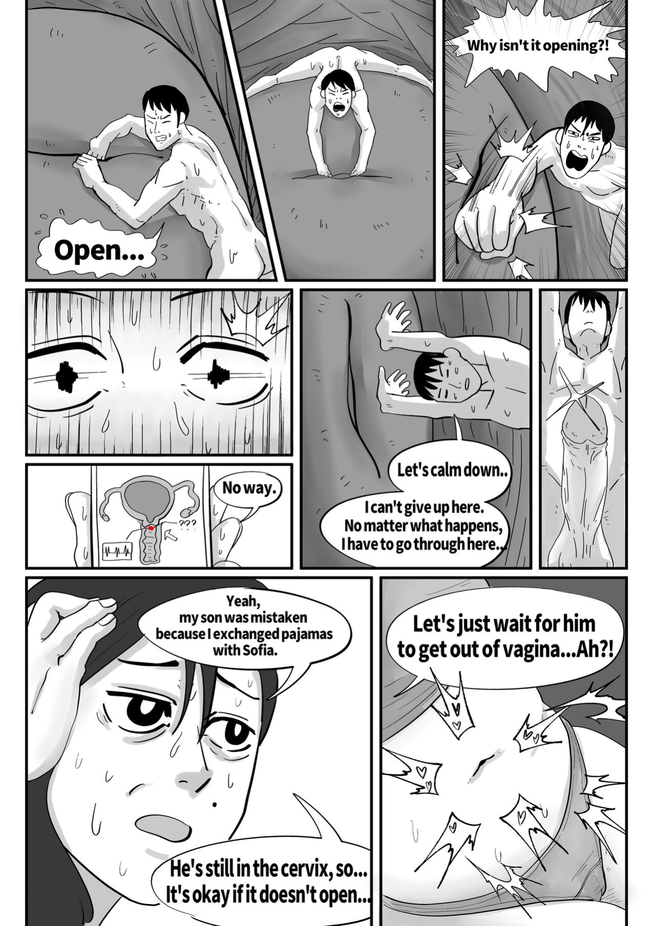 Exploration of the mother's uterus (1-7){by inside}