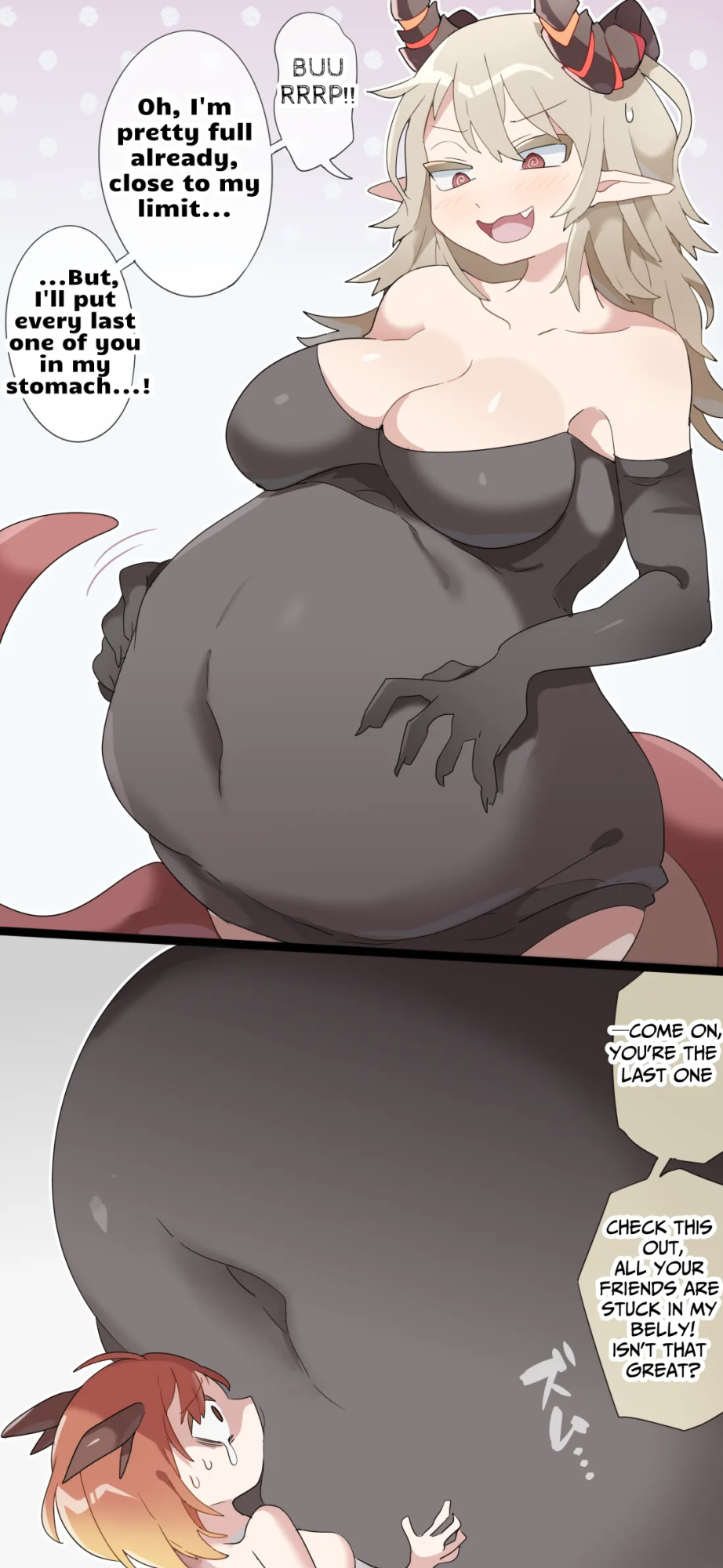 [imaat] The dragon girl swallows all the adventurers whole in a swollen belly samesize vore comic [English/Japanese]