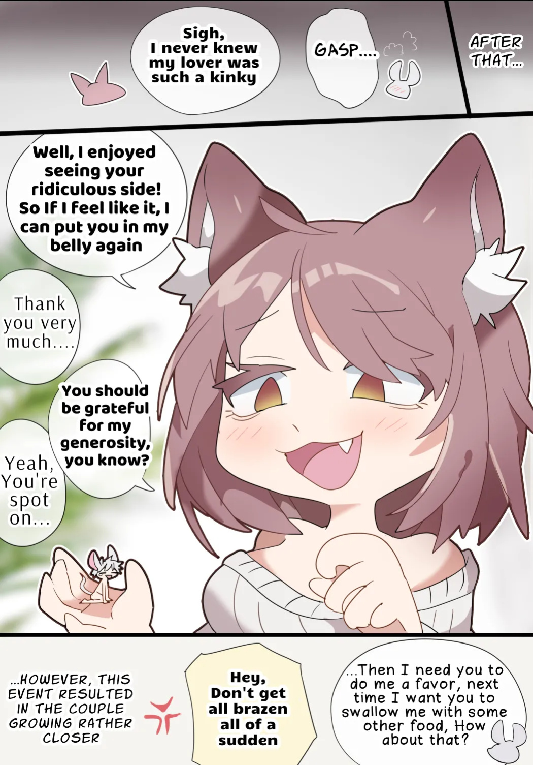 [imaat] A vore manga of a giant girl with animal ears swallowing her tiny lover whole while cursing him [English/Japanese]