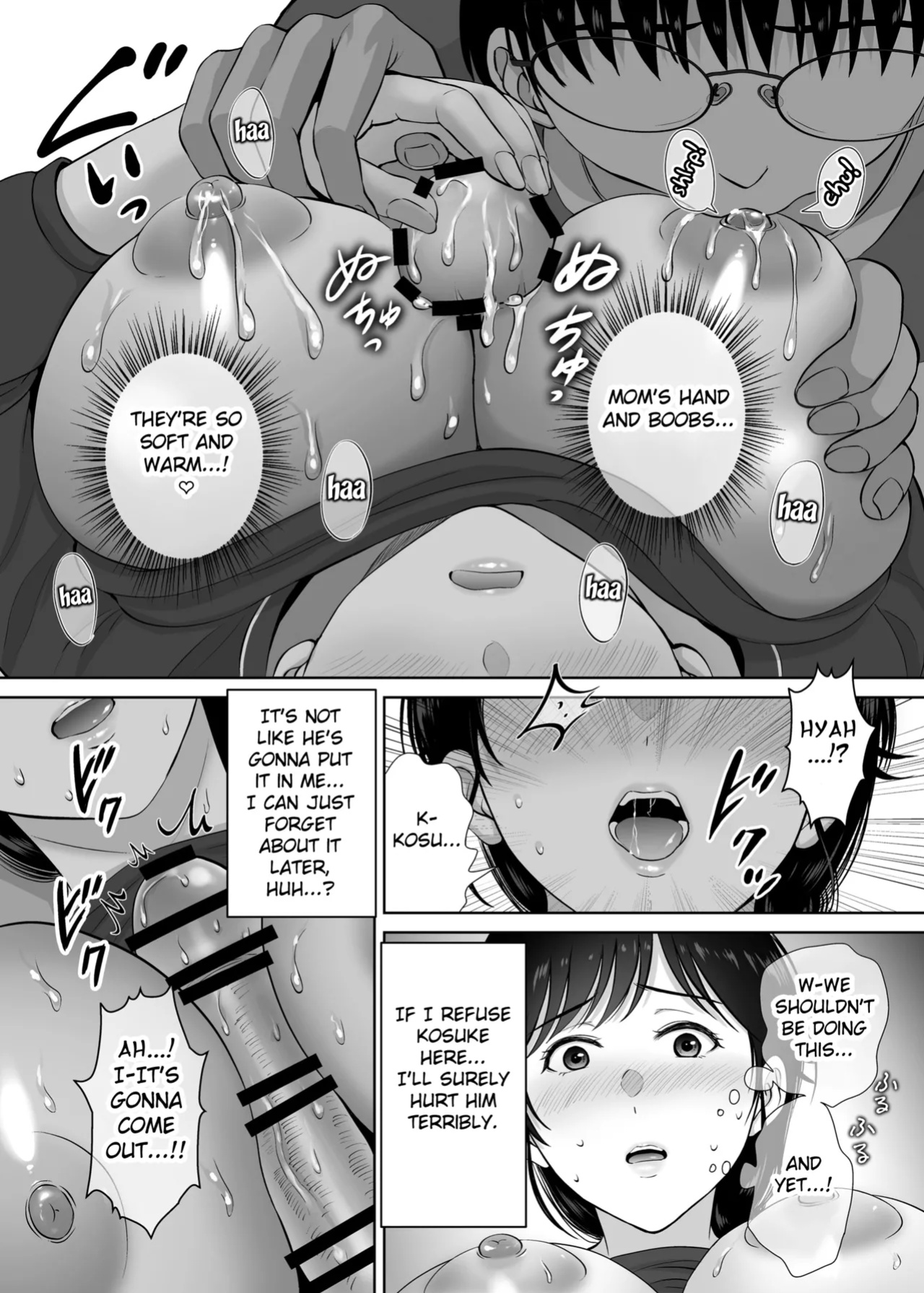 [Melon no Hoshiboshi (Hoshiduki Melon)] Kyonyuu Kaa-san ga Boku no Me mo Mae de 2 ~Bonyuu Mamire de Ikimakutta Hanashi~ (english) (Fated Circle)