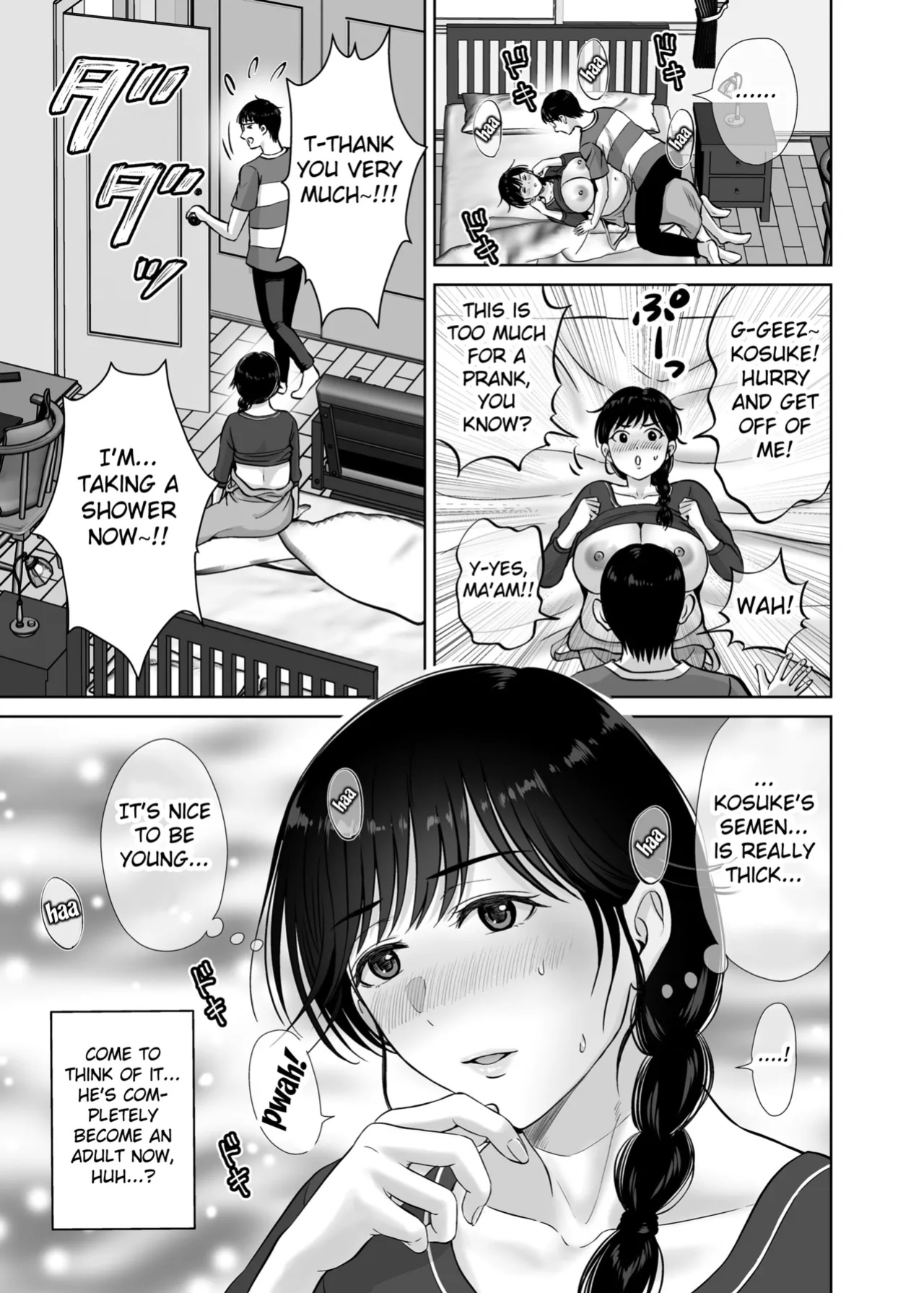 [Melon no Hoshiboshi (Hoshiduki Melon)] Kyonyuu Kaa-san ga Boku no Me mo Mae de 2 ~Bonyuu Mamire de Ikimakutta Hanashi~ (english) (Fated Circle)