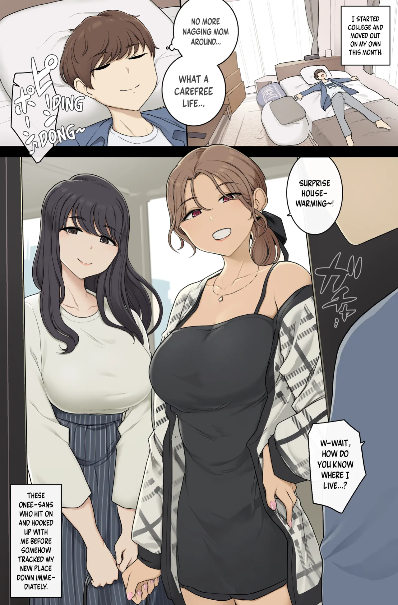 [Wakamatsu] Keitai Choushin Onee-san-tachi ni Shinkyo o Yaribeya ni Sareru Hanashi | Tall, Busty Onee-sans Turn My New Place into Their Sex Room